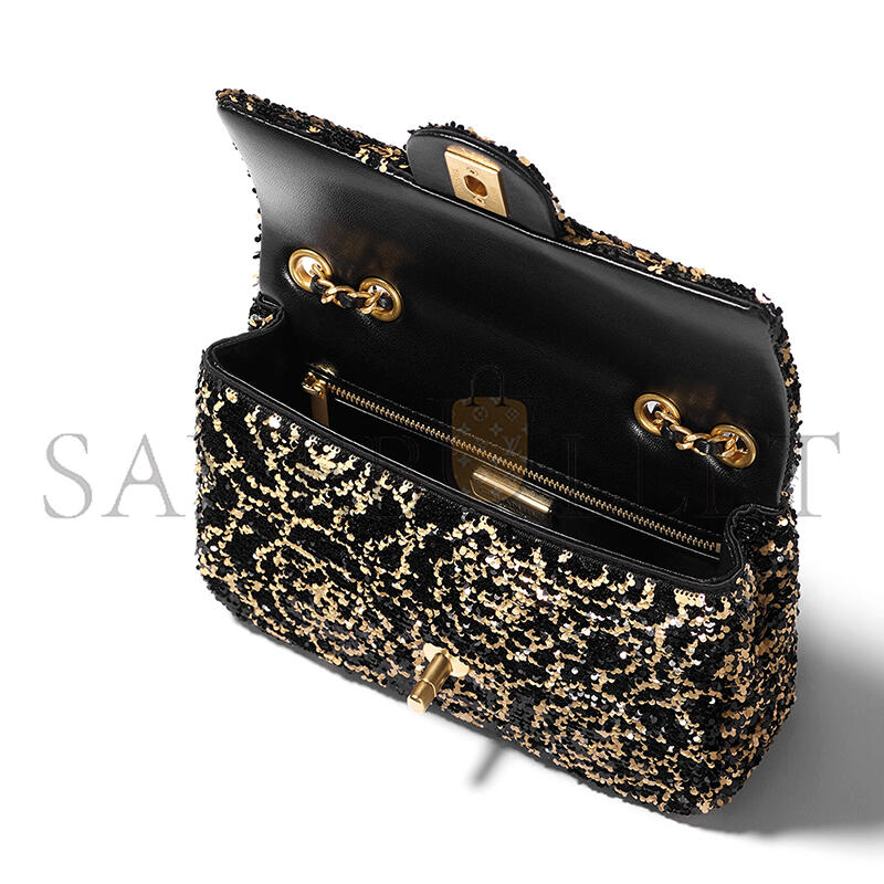 ch*el flap bag sequins & gold-tone metal G01den & black as4561 (21*14*8cm)